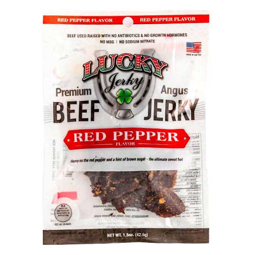 Lucky Jerky Premium Beef Jerky Red Pepper Flavor packaging on a white background