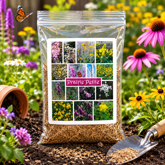 Prairie Petite seed packet with a collage of flowers on a garden background