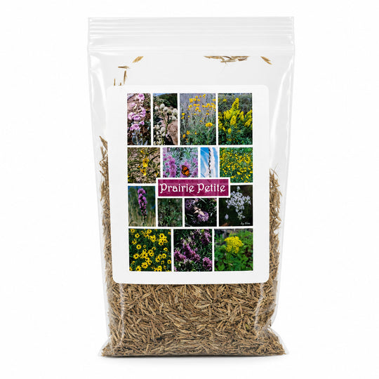 Clear bag of Prairie Pellet with a collage of prairie flowers on a white background