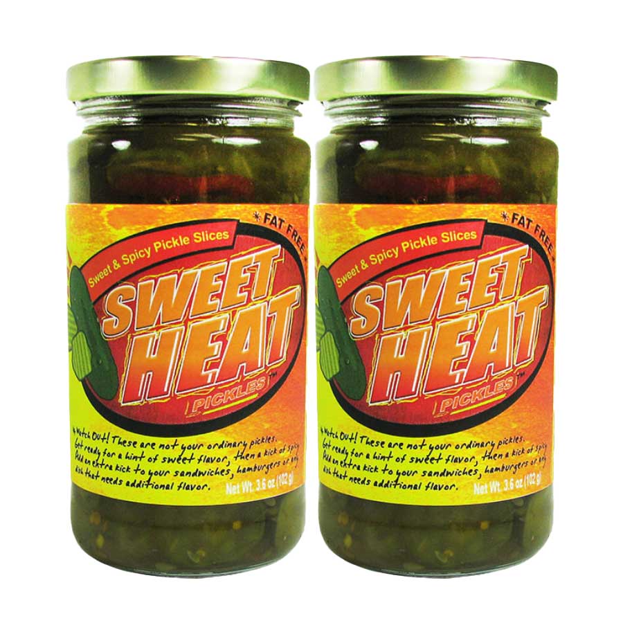 Two jars of Sweet Heat pickles with colorful labels on a white background