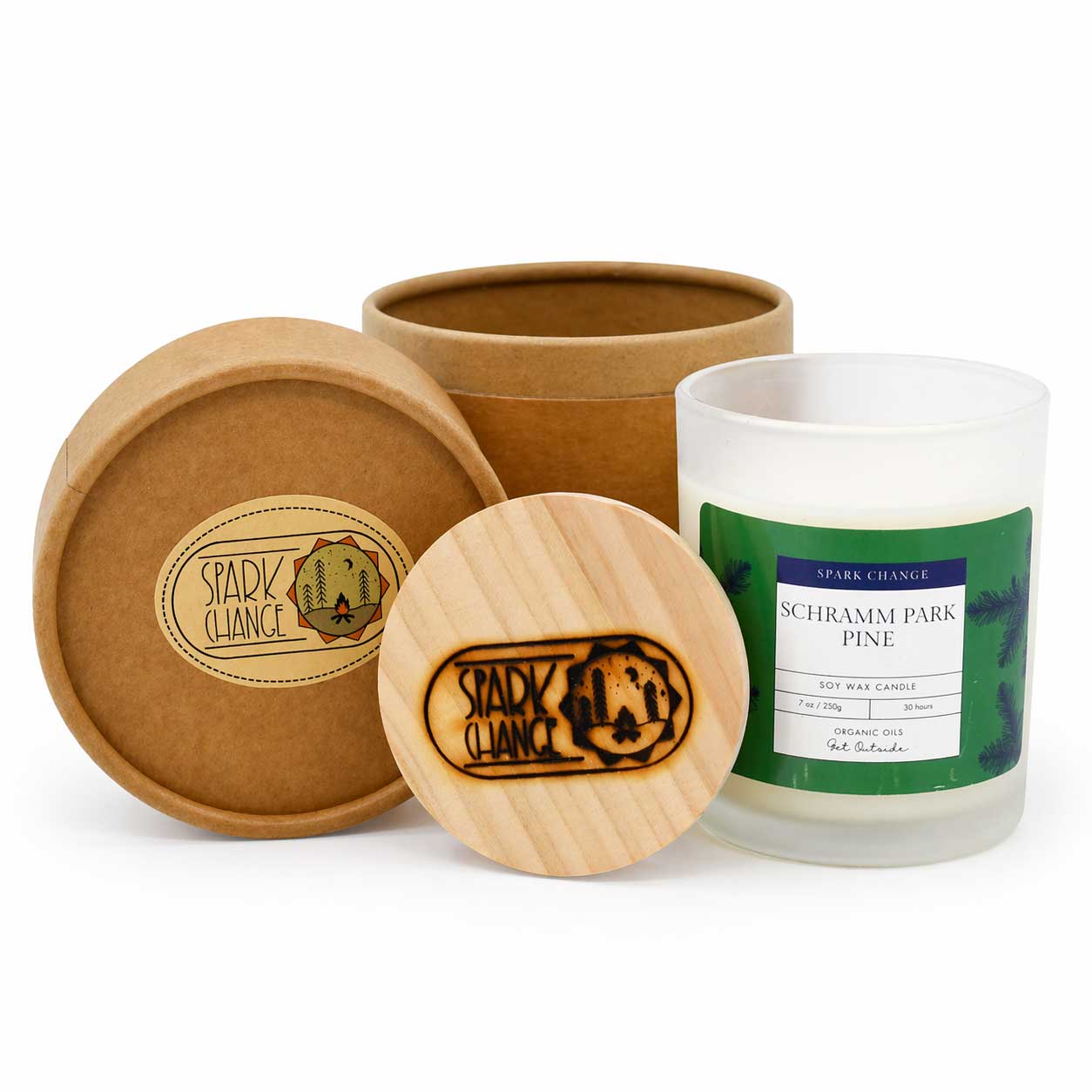 Candle with wooden lid and packaging on a white background