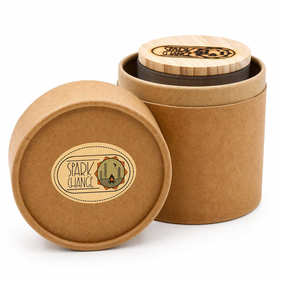 Brown paperboard container with wooden lid and 'Spark Change' label on a white background