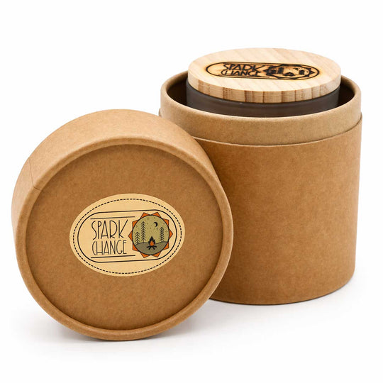 Brown paperboard container with wooden lid and 'Spark Change' label on a white background