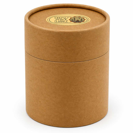 Brown cylindrical box with a gold lid on a white background