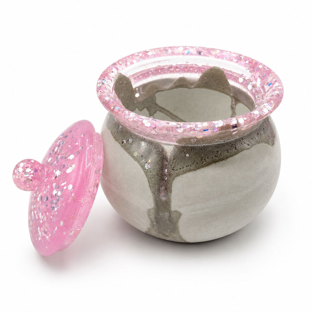 Storage container with pink sparkle lid
