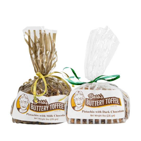 Homemade Pistachio Toffee Bundle | 8 oz | Milk and Dark Chocolate | Barb's Buttery Toffee