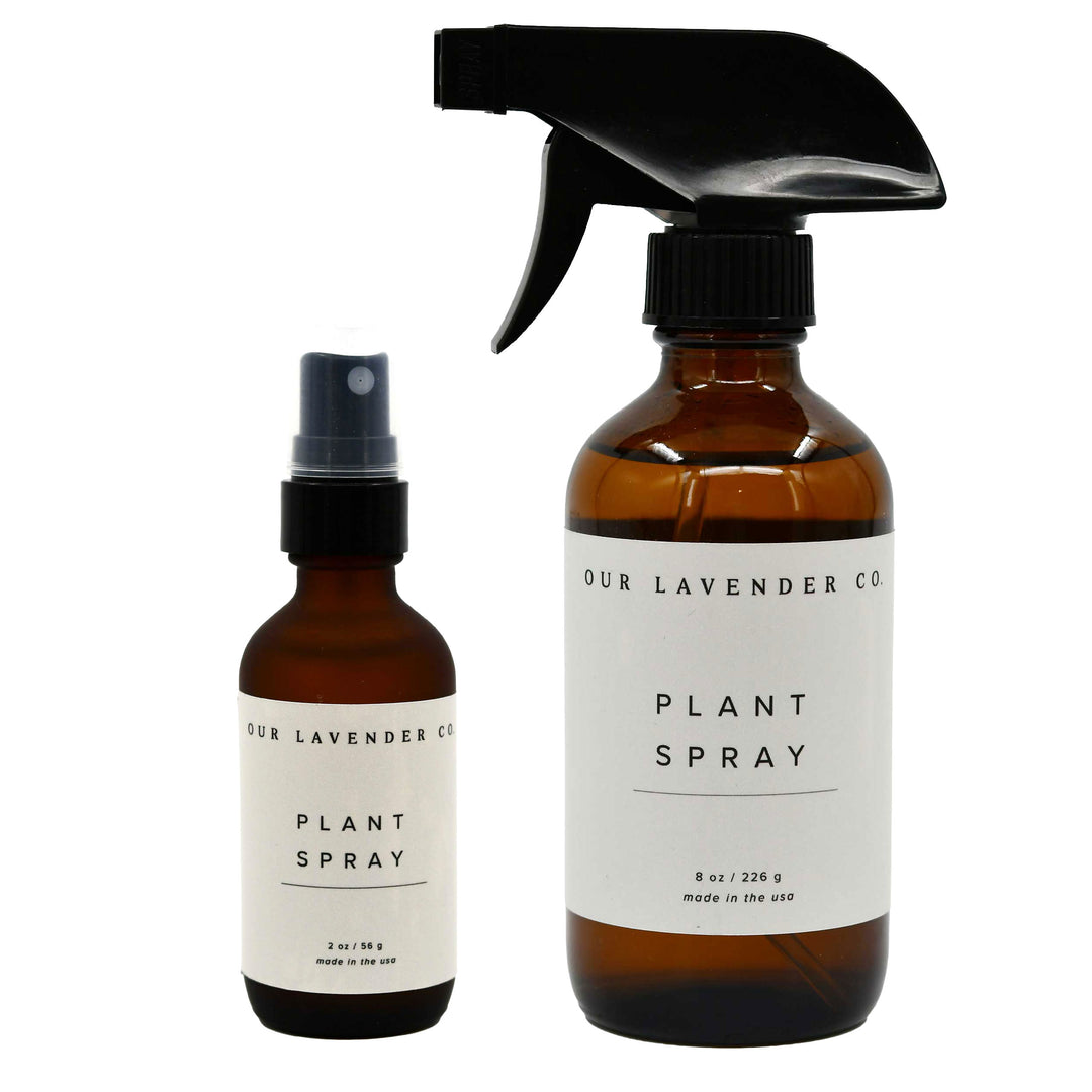 Two brown spray bottles labeled 'Our Lavender Co. Plant Spray' on a white background