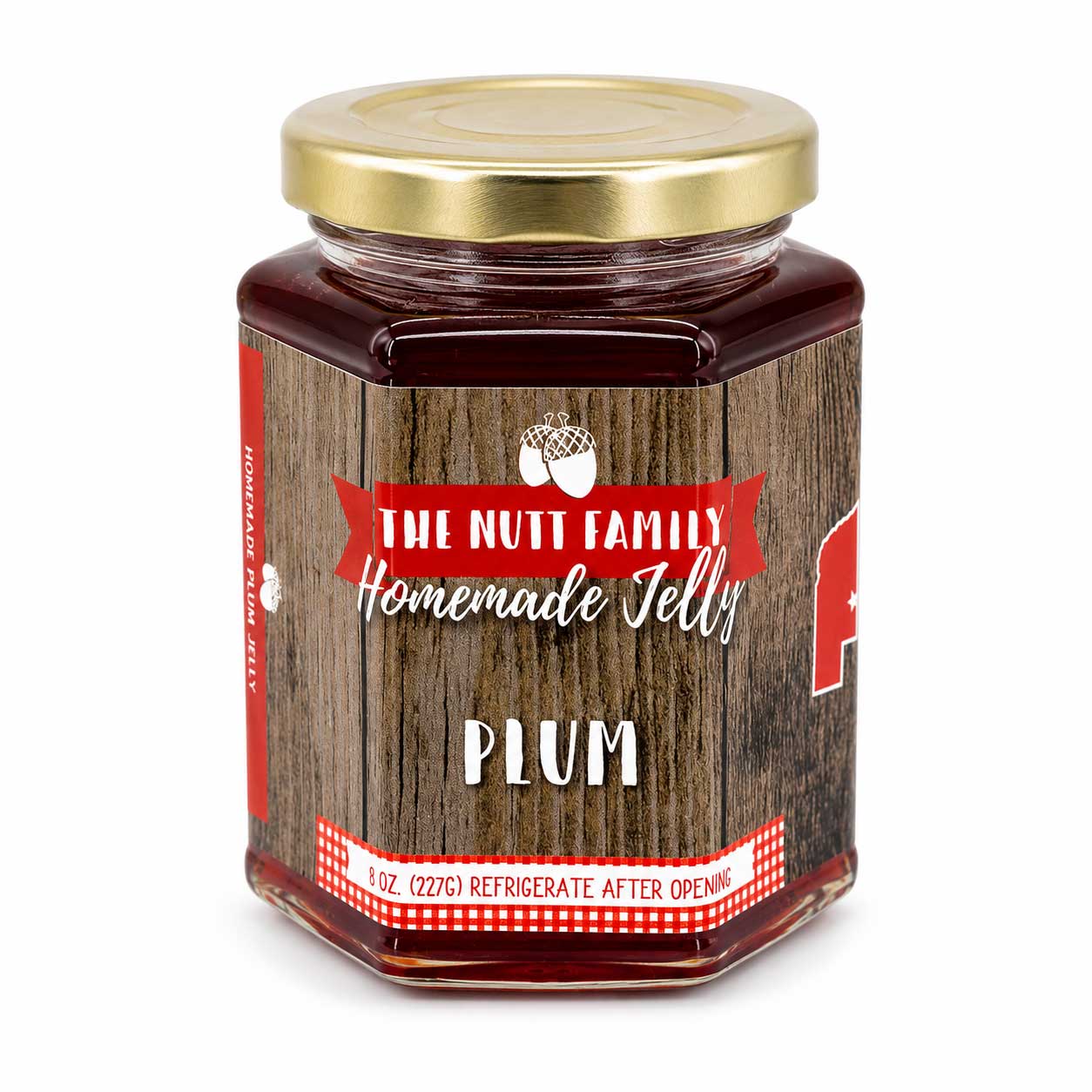 Jar of plum jelly with a wooden-textured label on a white background