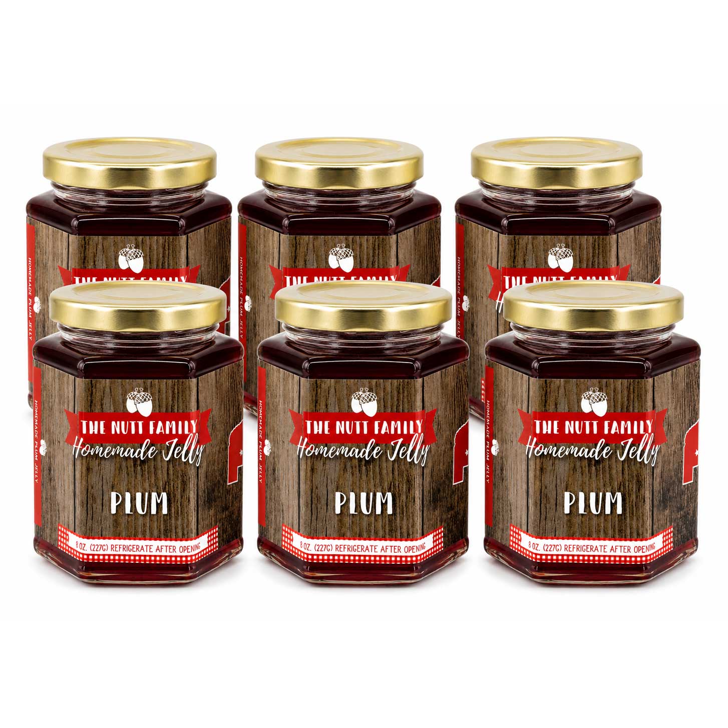 Six jars of plum jelly with wooden design labels on a white background