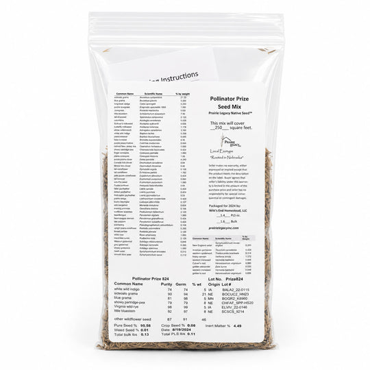 Seed mix packaging with detailed information on a white background