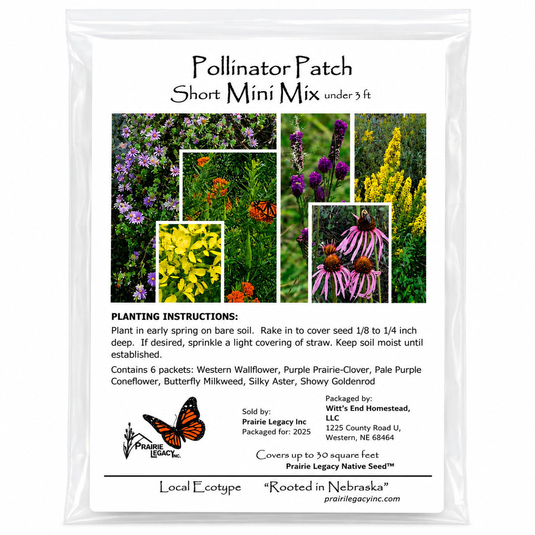 Pakaging of Pollinator Patch Short Mini Mix with images of flowers and a butterfly, set against a white background.