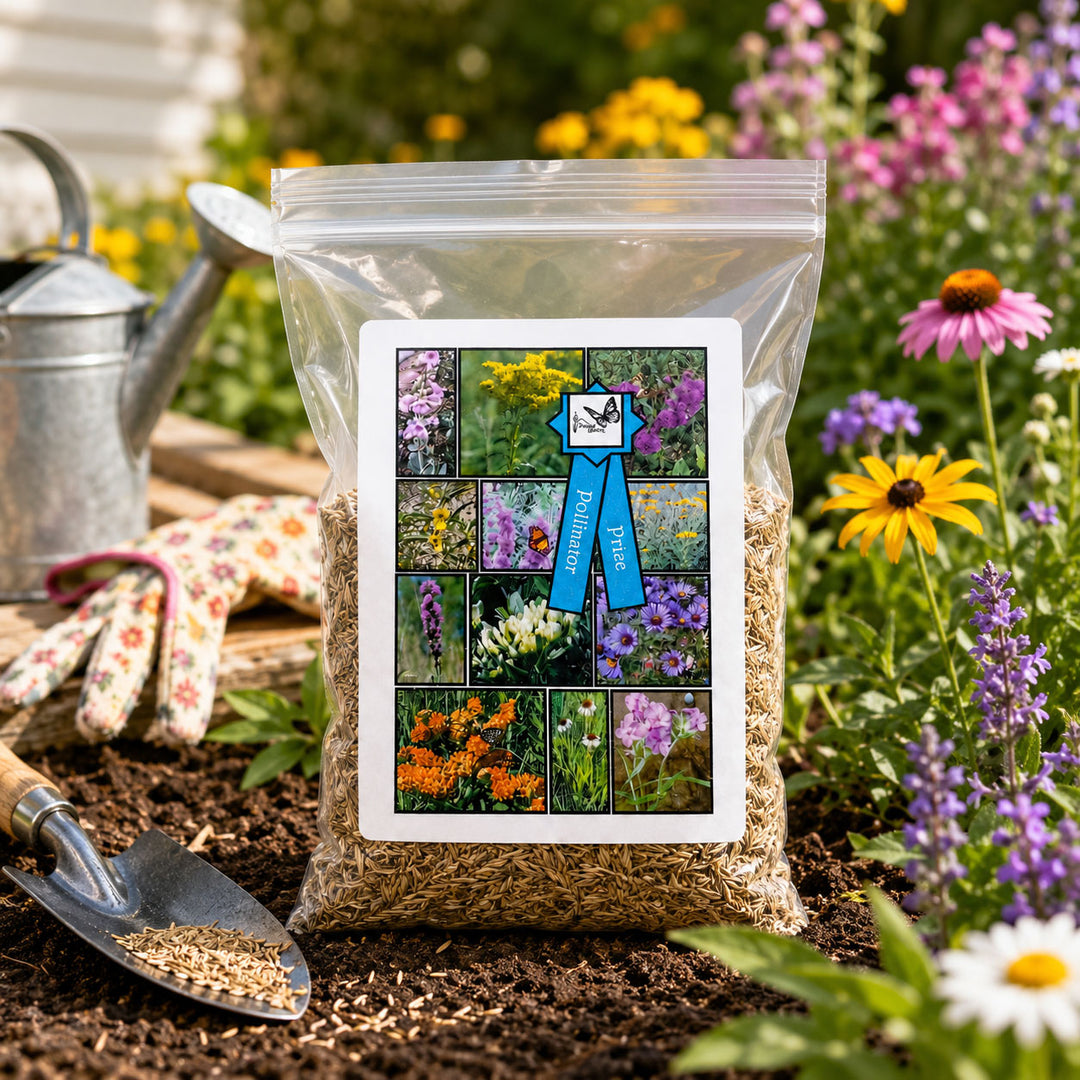 Seed packet with gardening-themed design in a garden setting