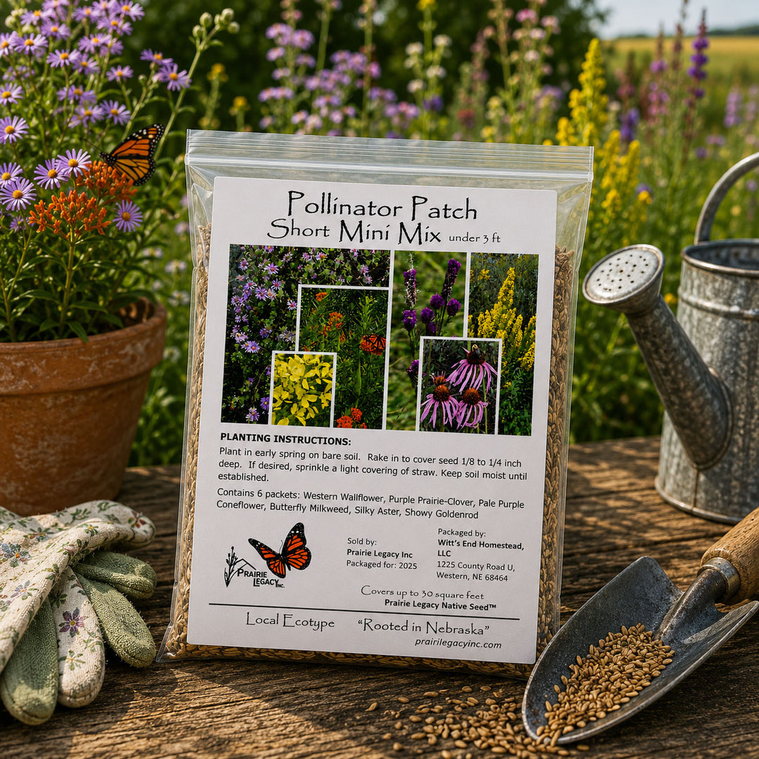 Packaged Pollinator Patch seed mix with gardening tools and flowers in the background