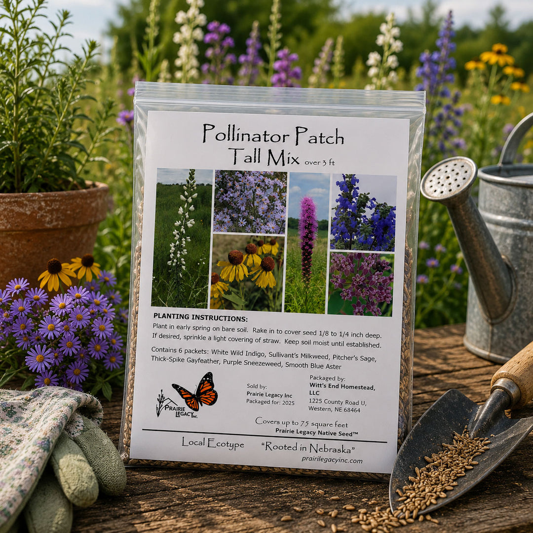 Pollinator Patch Fall Mix seed packet with gardening tools and flowers in the background