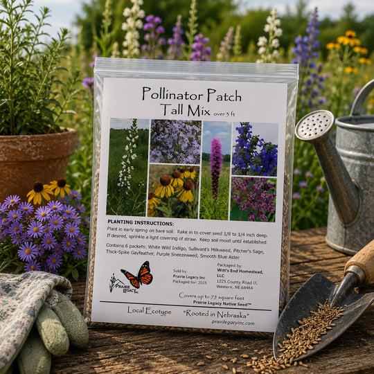Pollinator Patch Fall Mix seed packet with gardening tools and flowers in the background
