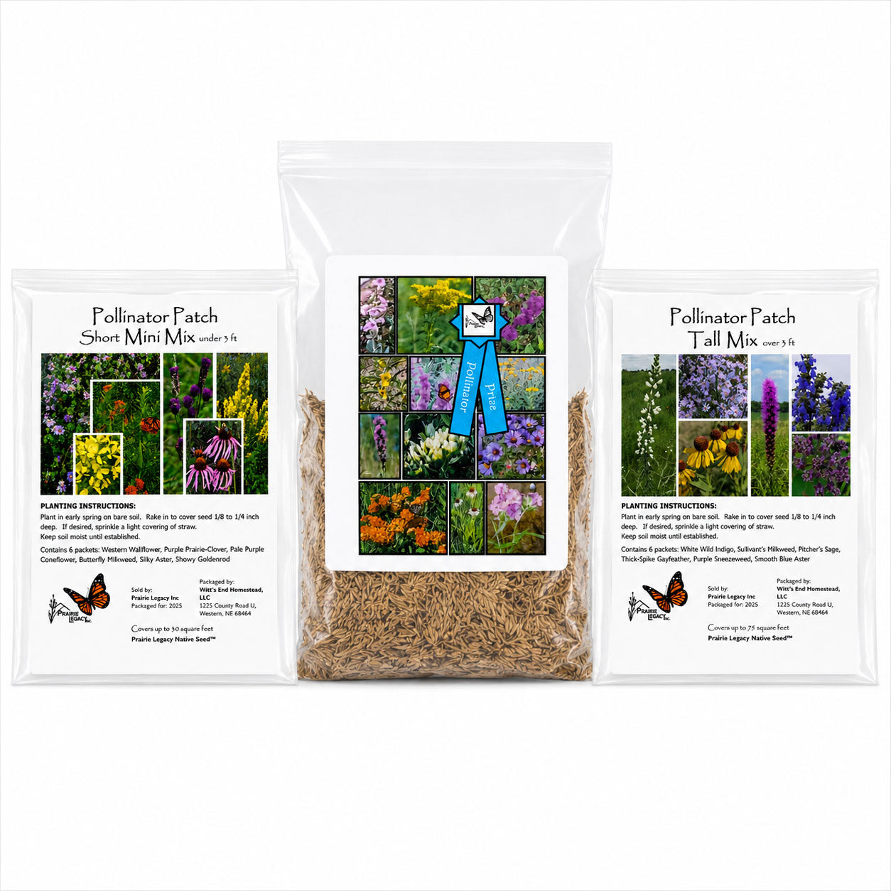 Three packets of Pollinator Patch seeds with images of flowers and butterflies on a white background.