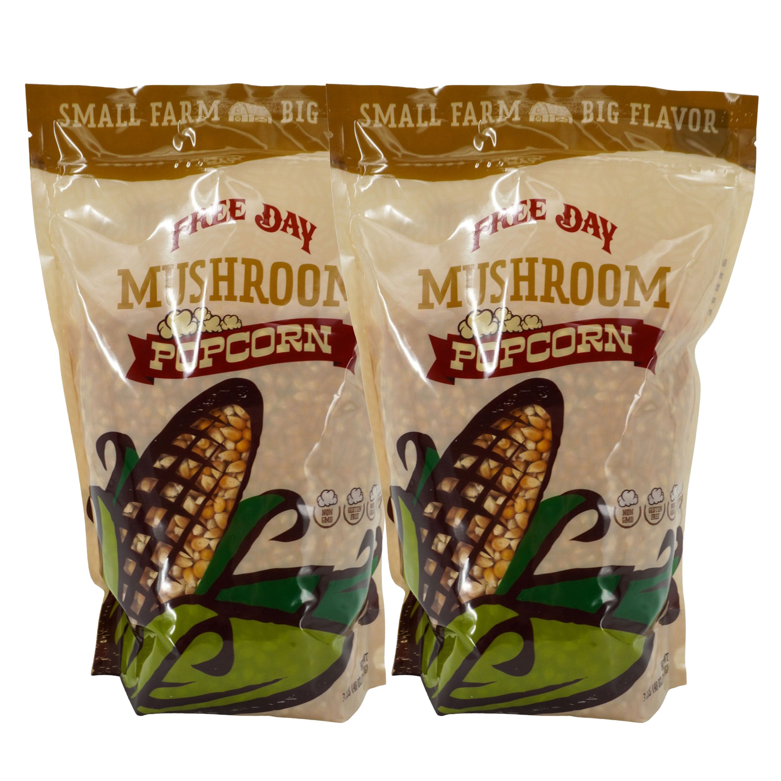 Two packages of Free Day Mushroom Popcorn on a white background