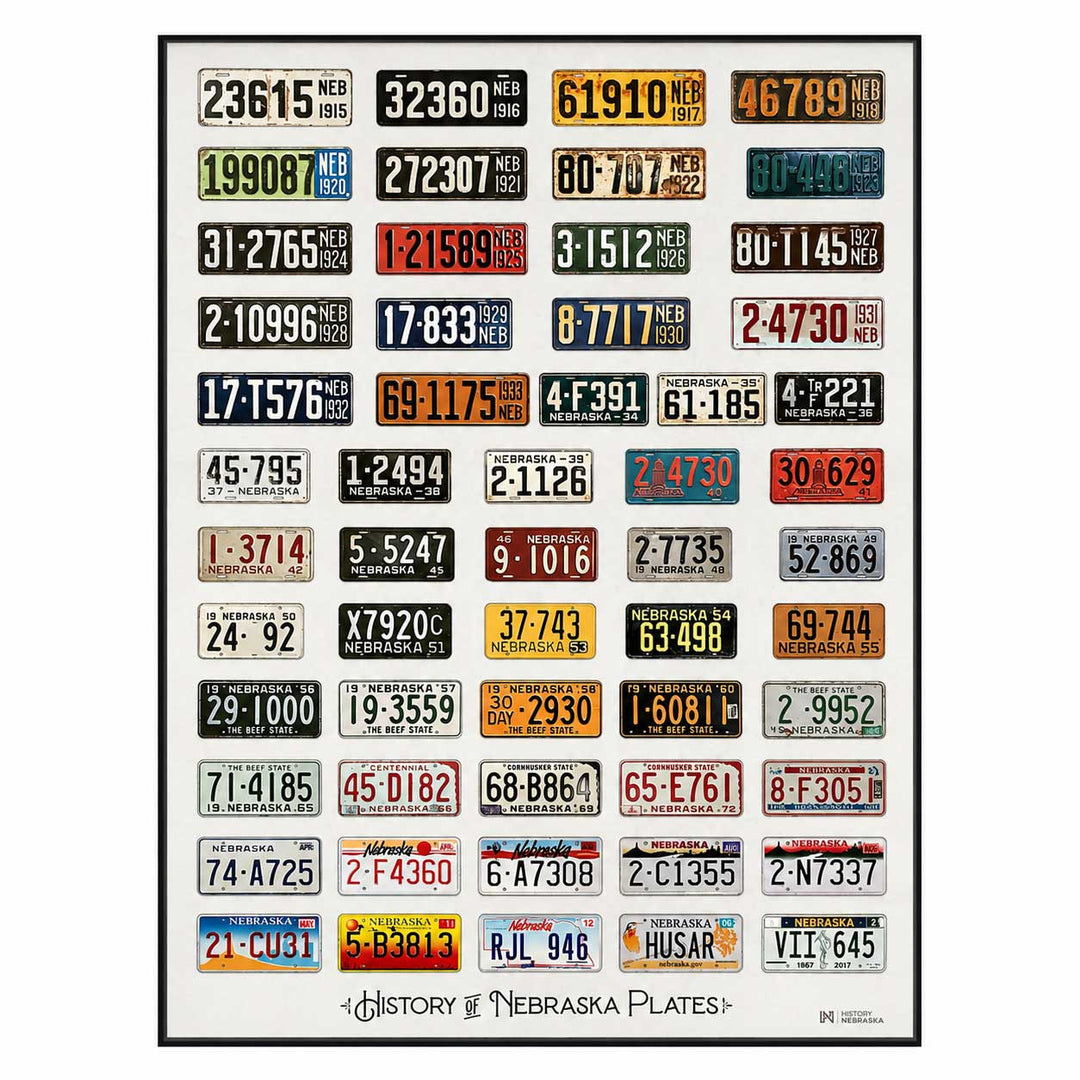 A framed art print titled 'History of Nebraska Plates' featuring a grid of numerous vintage Nebraska license plates in different colors and designs, presented on a white background with a black frame.