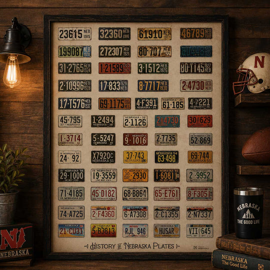 Poster of old Nebraska license plates.