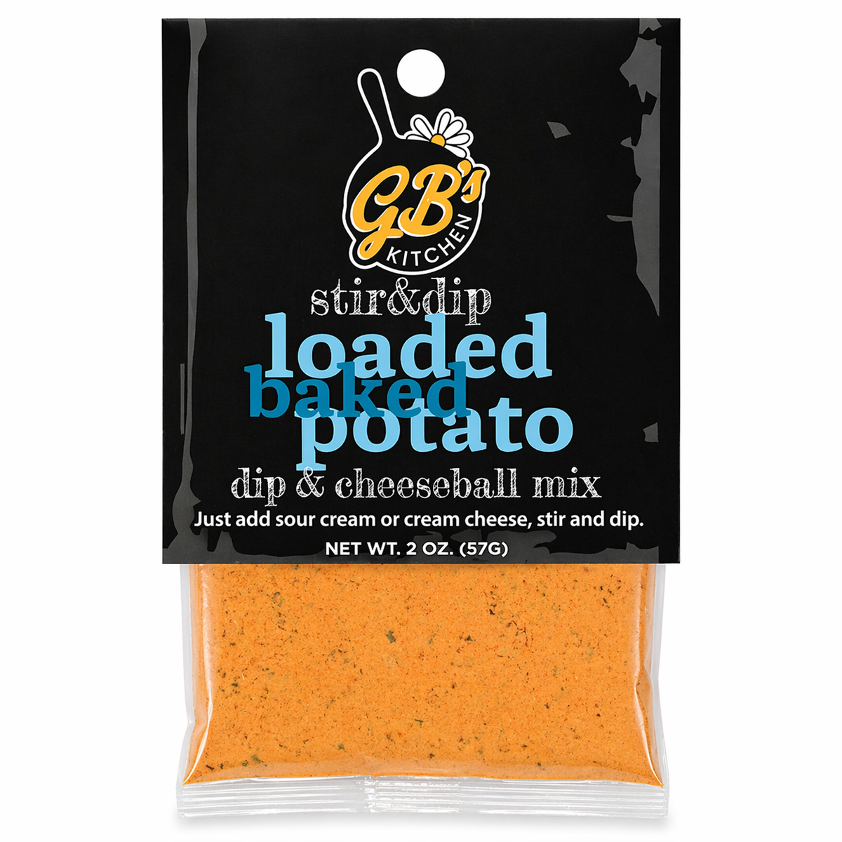 Packaged dip and cheeseball mix with GB Kitchen branding on a black background