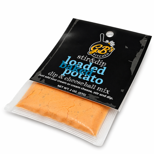 Packaged loaded baked potato dip & cheese ball mix with GB Kitchen branding on a white background
