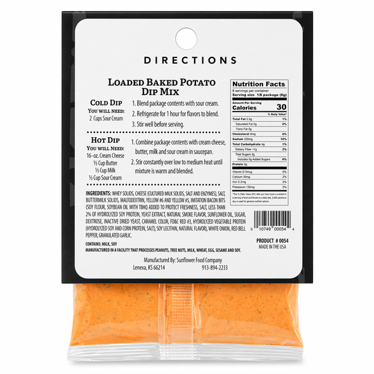 Loaded Baked Potato Dip Mix packaging with directions and nutrition facts on a white background
