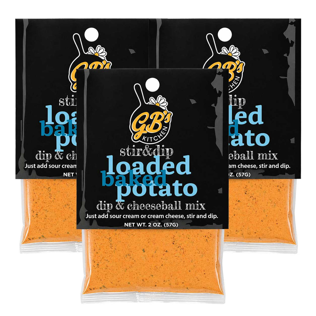 Three packages of GB Kitchen loaded baked potato dip and cheeseball mix on a white background.