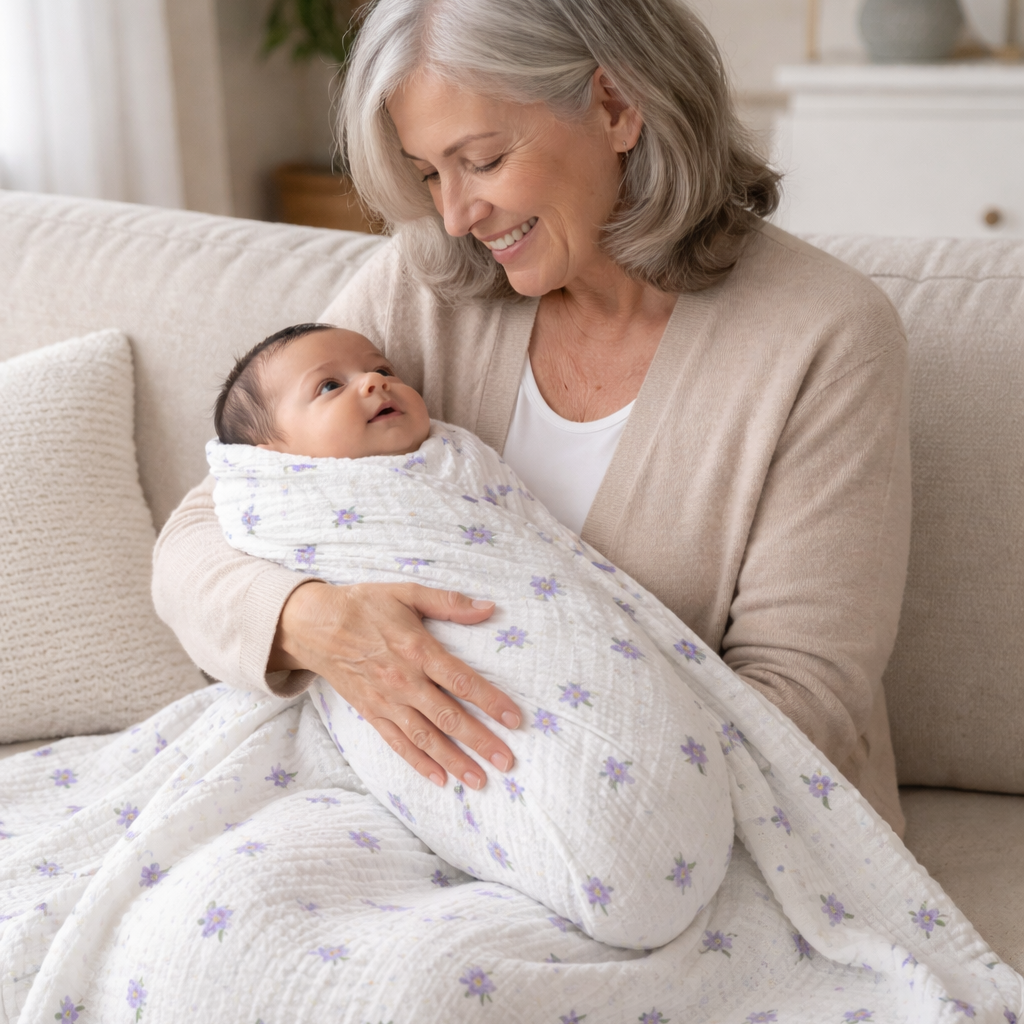 Woman holding a baby wrapped in a white blanket with purple patterns on a couch.