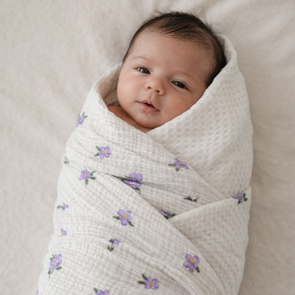 Newborn baby wrapped in a floral-patterned swaddle blanket on a soft surface