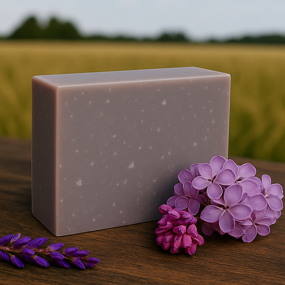 Bar of soap with purple flowers on a wooden surface against a blurred natural background