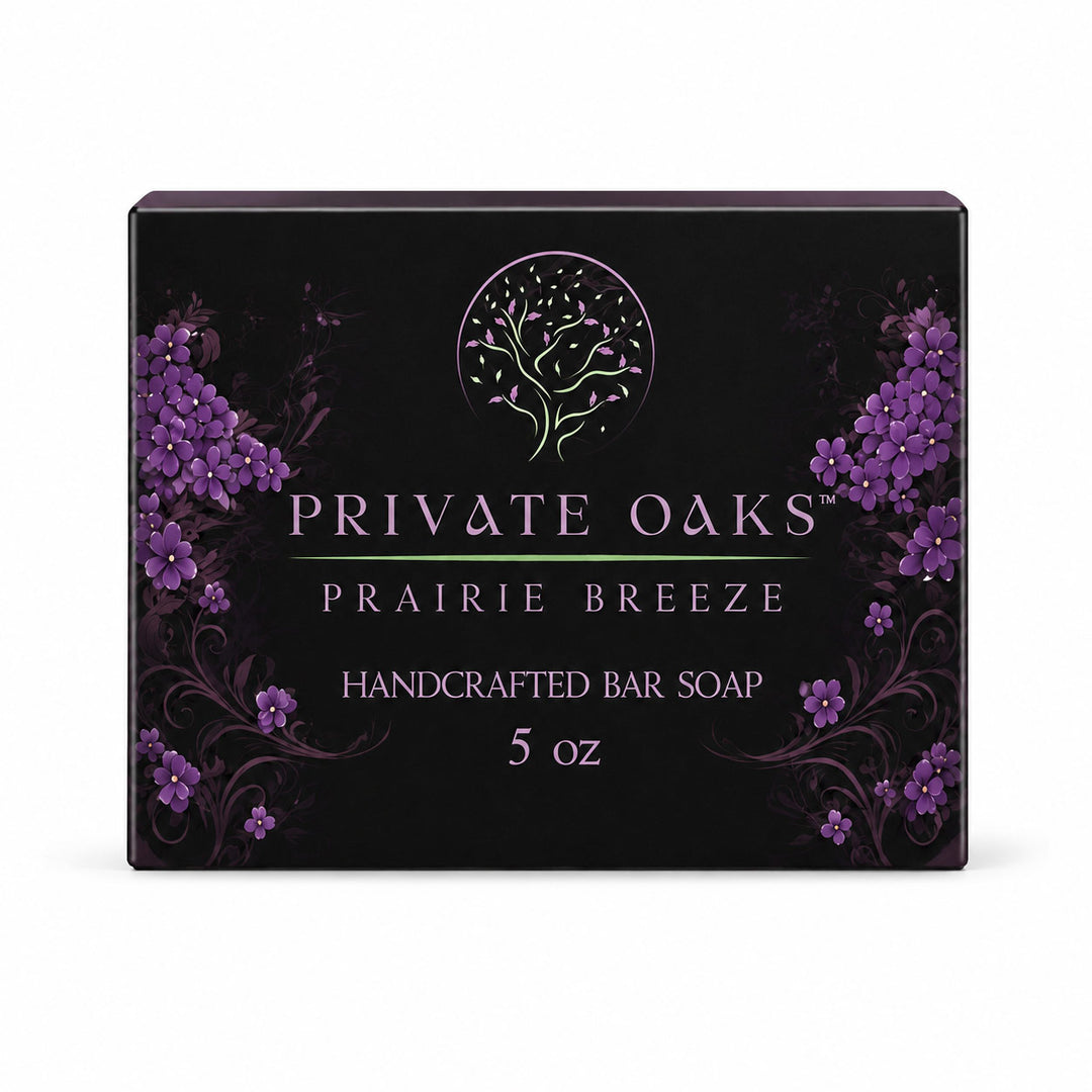 A 5 oz box of Private Oaks Prairie Breeze Handcrafted Bar Soap. The packaging is black with purple floral illustrations and white text.
