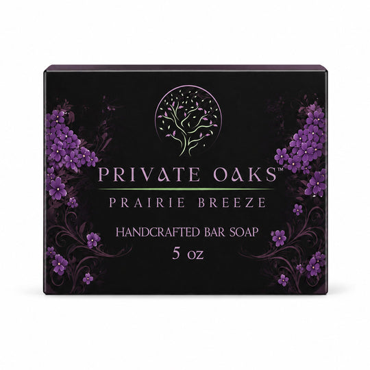 A 5 oz box of Private Oaks Prairie Breeze Handcrafted Bar Soap. The packaging is black with purple floral illustrations and white text.