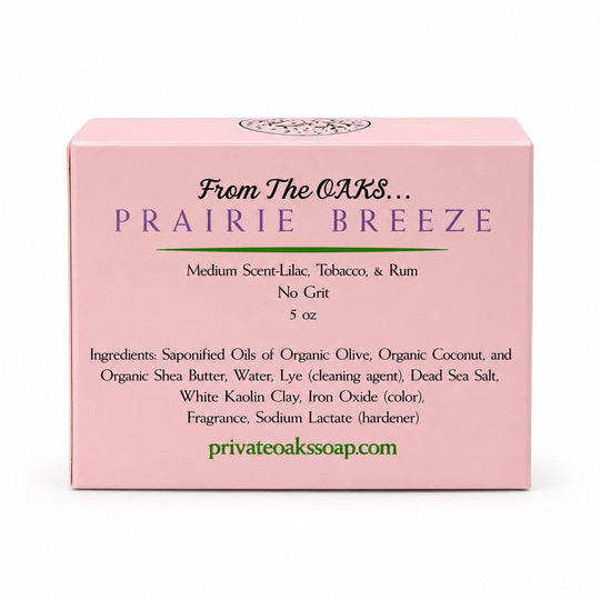 A pink rectangular box for Prairie Breeze scented soap by From The OAKS, with product details printed on the front including scent notes, ingredients, and the website privateoaksoaps.com.
