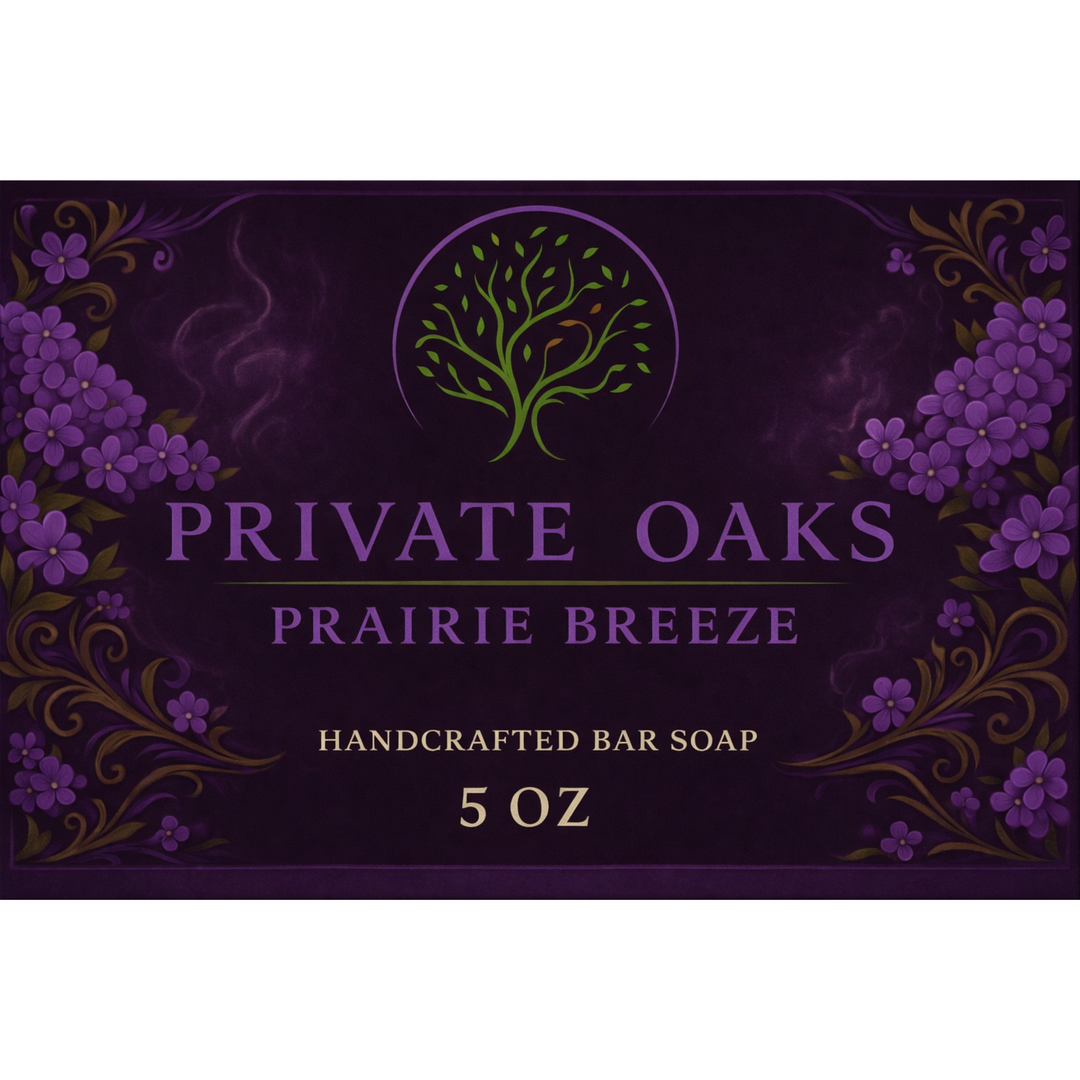 Private Oaks Prairie Breeze handcrafted bar soap packaging with purple floral design