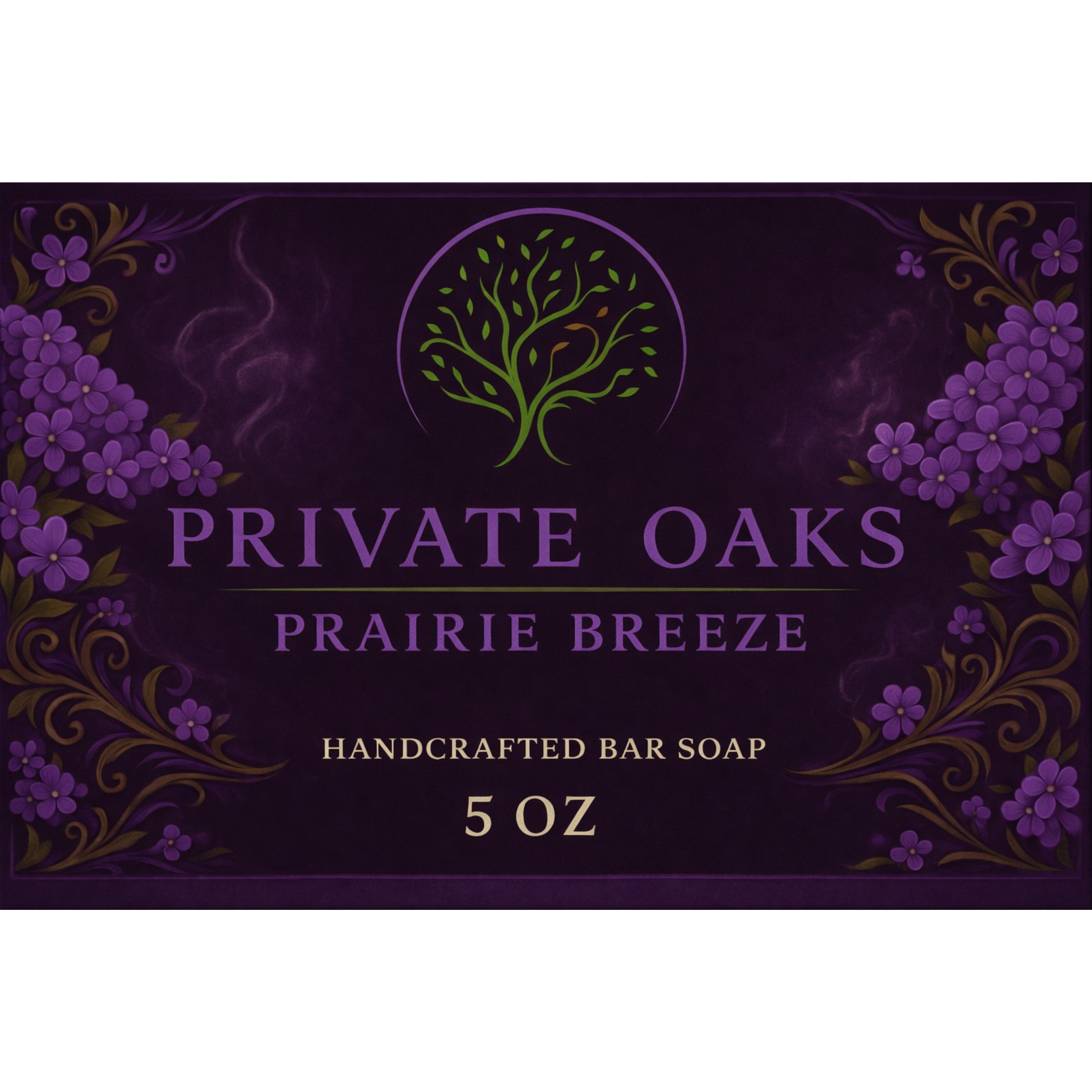 Private Oaks Prairie Breeze handcrafted bar soap packaging with purple floral design