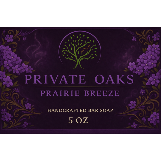 Private Oaks Prairie Breeze handcrafted bar soap packaging with purple floral design