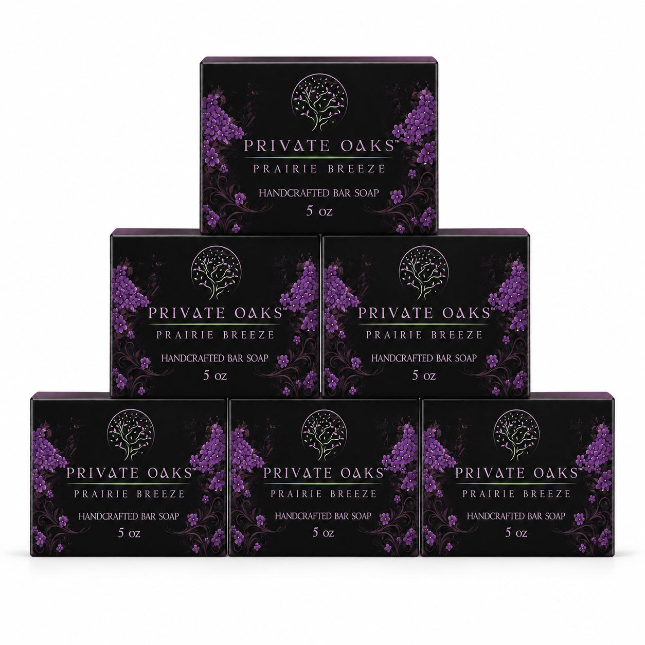 Seven boxes of Private Oaks Prairie Breeze Handcrafted Bar Soap arranged in a pyramid stack on a plain white background.
