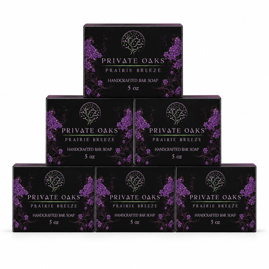 Seven boxes of Private Oaks Prairie Breeze Handcrafted Bar Soap arranged in a pyramid stack on a plain white background.