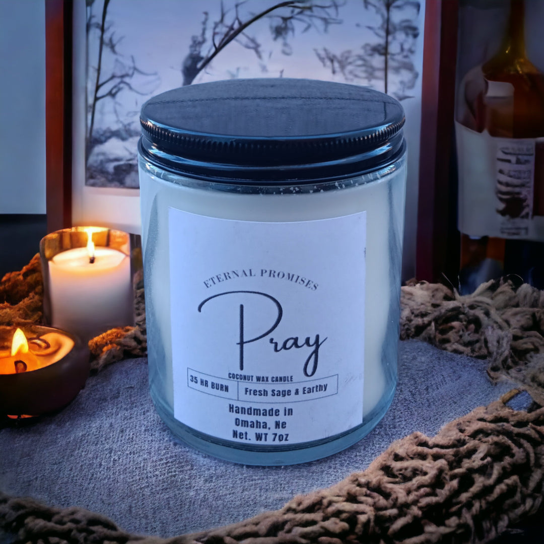 Pray Candle | 7 oz. | Fresh Sage, Earthy Aroma | Natural Coconut Wax | Made in Omaha, NE | Eternal Promises