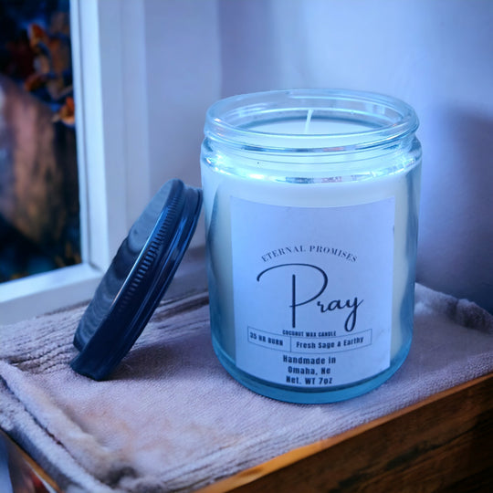 Pray Candle | 7 oz. | Fresh Sage, Earthy Aroma | Natural Coconut Wax | Made in Omaha, NE | Eternal Promises