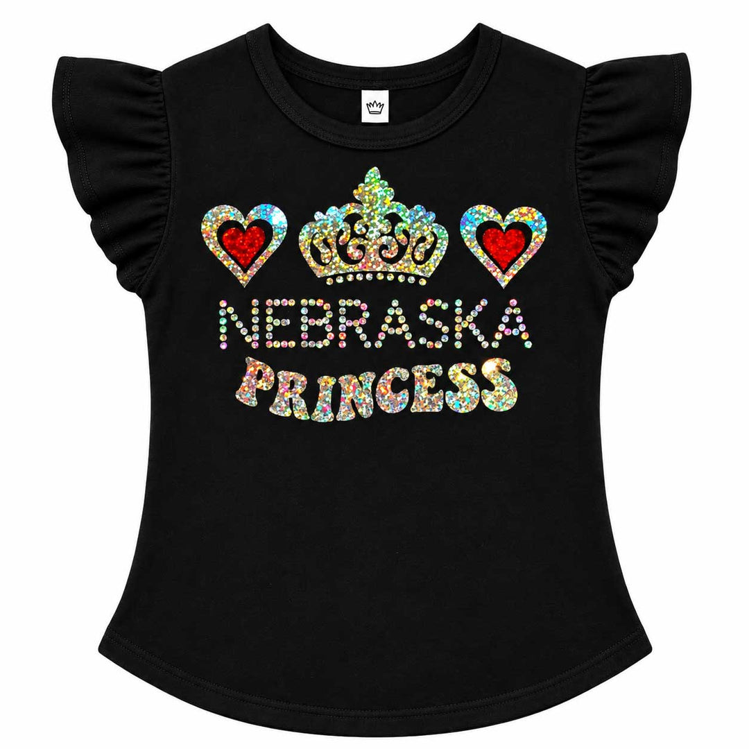 A black girls' short-sleeve t-shirt with ruffled sleeves, featuring a colorful 'Nebraska Princess' graphic with a crown and hearts on the front.