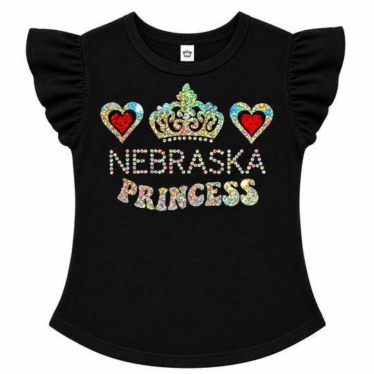 A black girls' short-sleeve t-shirt with ruffled sleeves, featuring a colorful 'Nebraska Princess' graphic with a crown and hearts on the front.