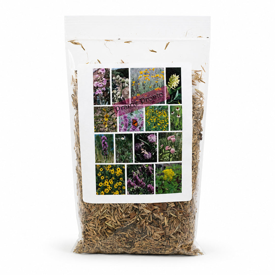 Bag of dried herbs with a collage of floral images on a white background