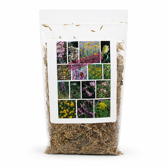 Bag of dried herbs with a collage of floral images on a white background