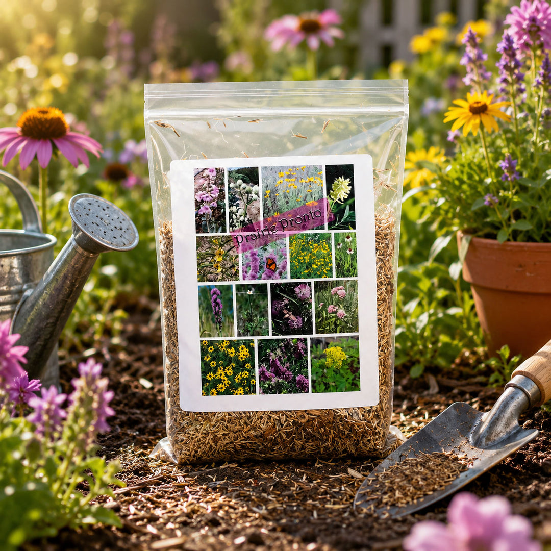 Bag of seeds with a collage of flowers on it, placed in a garden setting with a watering can and trowel.