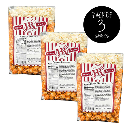 Pumpkin Pie Popcorn | Pack of 3 | 7 oz. | Seasonal Popcorn Flavor | Fresh Pumpkin With Sweet Crust | Made in Gibbon, NE | HR Poppin' Snacks