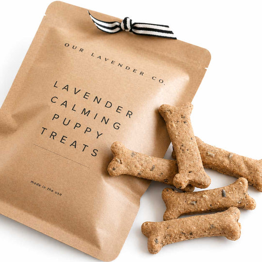 Lavender calming puppy treats from Our Lavender Co. on a white background