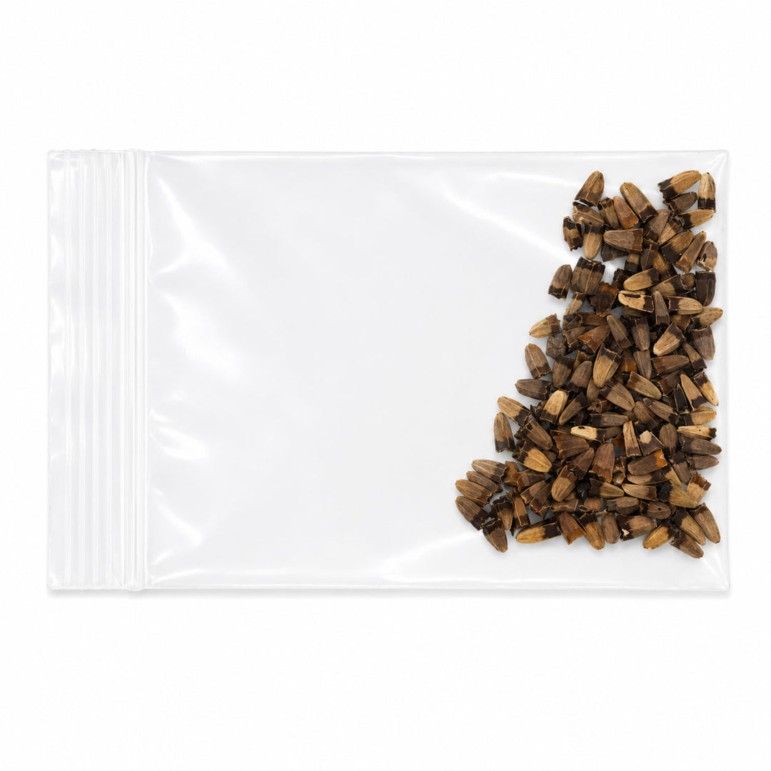 Clear plastic bag with wooden pellets on a white background