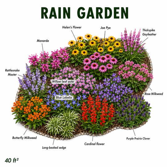 Diagram of a rain garden with labeled plants and area measurement.