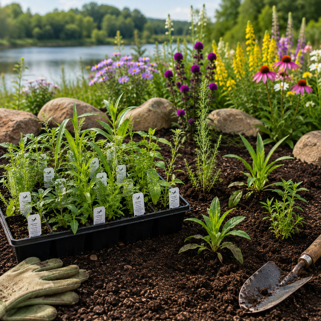 Garden scene with plants, gloves, and a trowel by a body of water.
